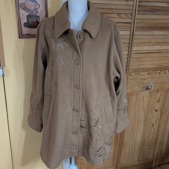 Susan Graver Jackets & Blazers - SUSAN GRAVER Women's Tan Embroidered Fleece Coat 2X